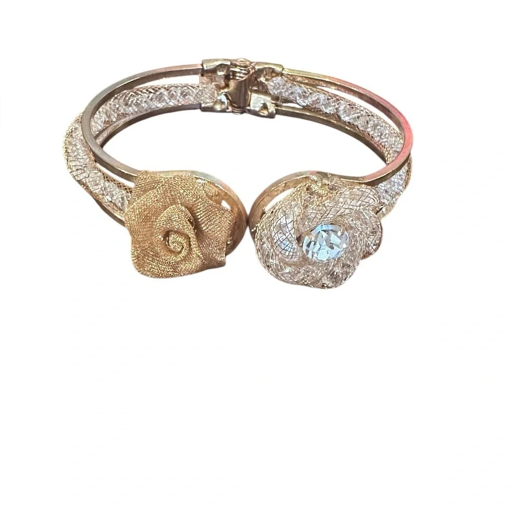 Mixed Metal Mesh Rose Floral Rhinestone Hinged Cuff Bracelet